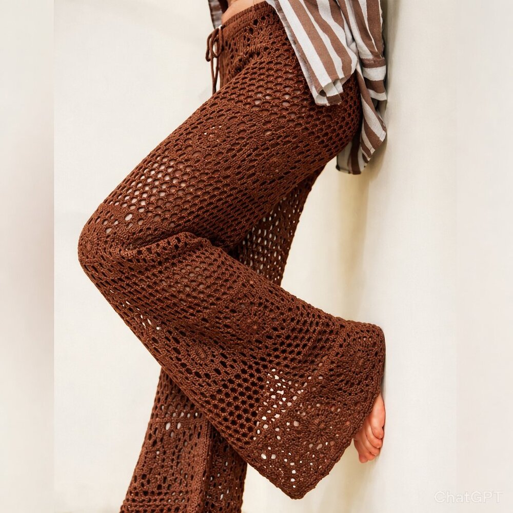 Aerie Chocolate Brown Wide Leg Crochet Beach Vacay Lounge Pants Large BOHO